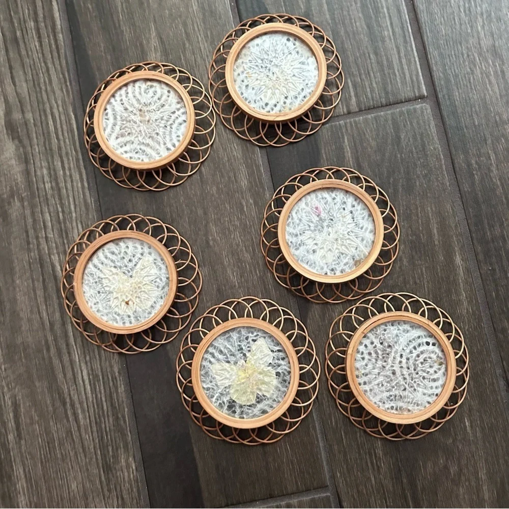 VTG Wicker Rattan Pressed Butterfly Coasters Set of 6
